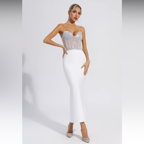 Elegant White Diamond Bodycon Maxi Dress NWT - Picture 1 of 8